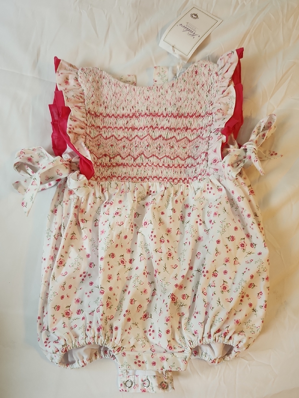 Smocked Floral Baby Romper with Pink Trim